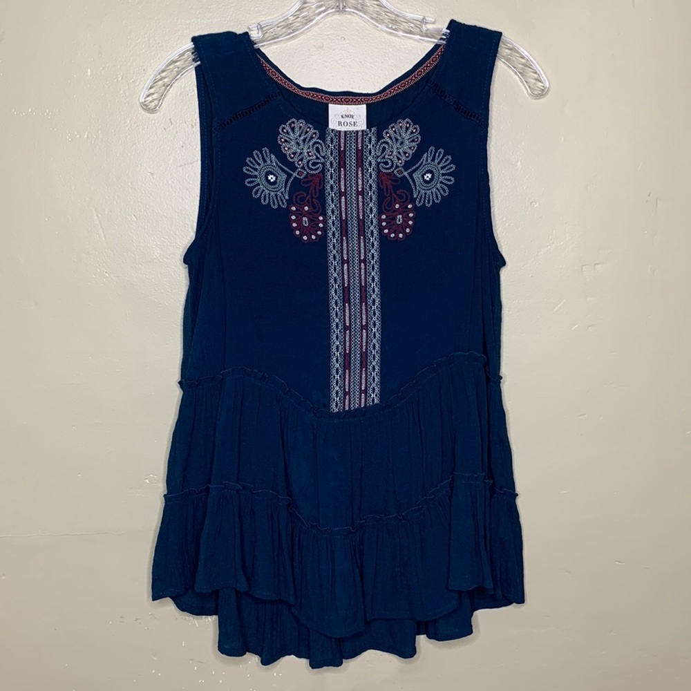 KNOX ROSE Top Teal Floral BOHO Tiered Ruffle Hem Sleeveless Popover Medium